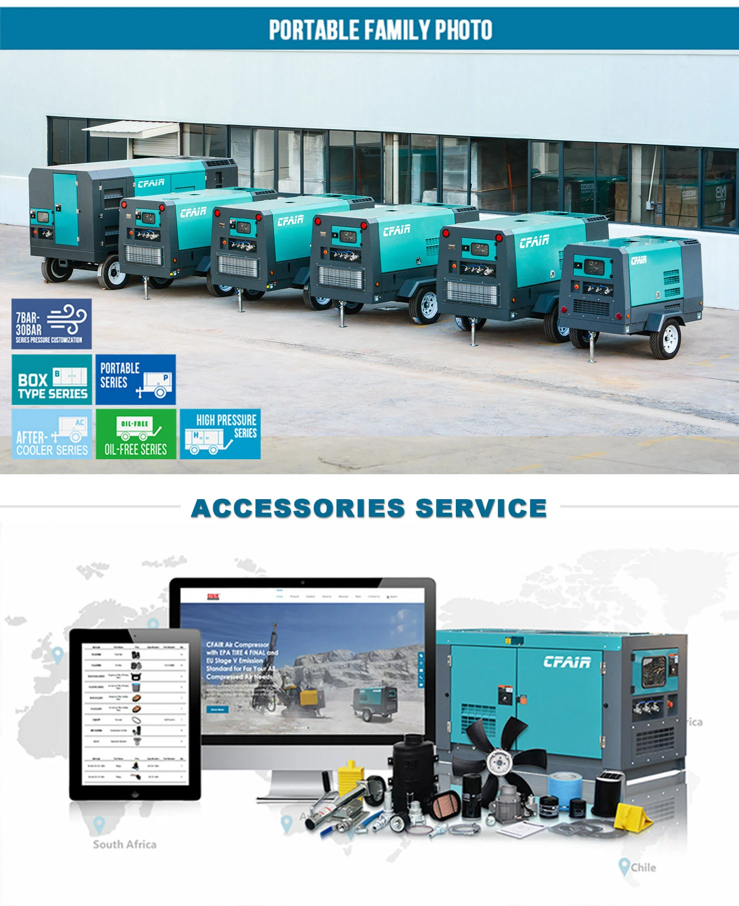 CF275MI-7 Mobile Diesel CFAIR Screw Air Compressor 7 Bar 275 CFM with Engine ISUZU for Mining