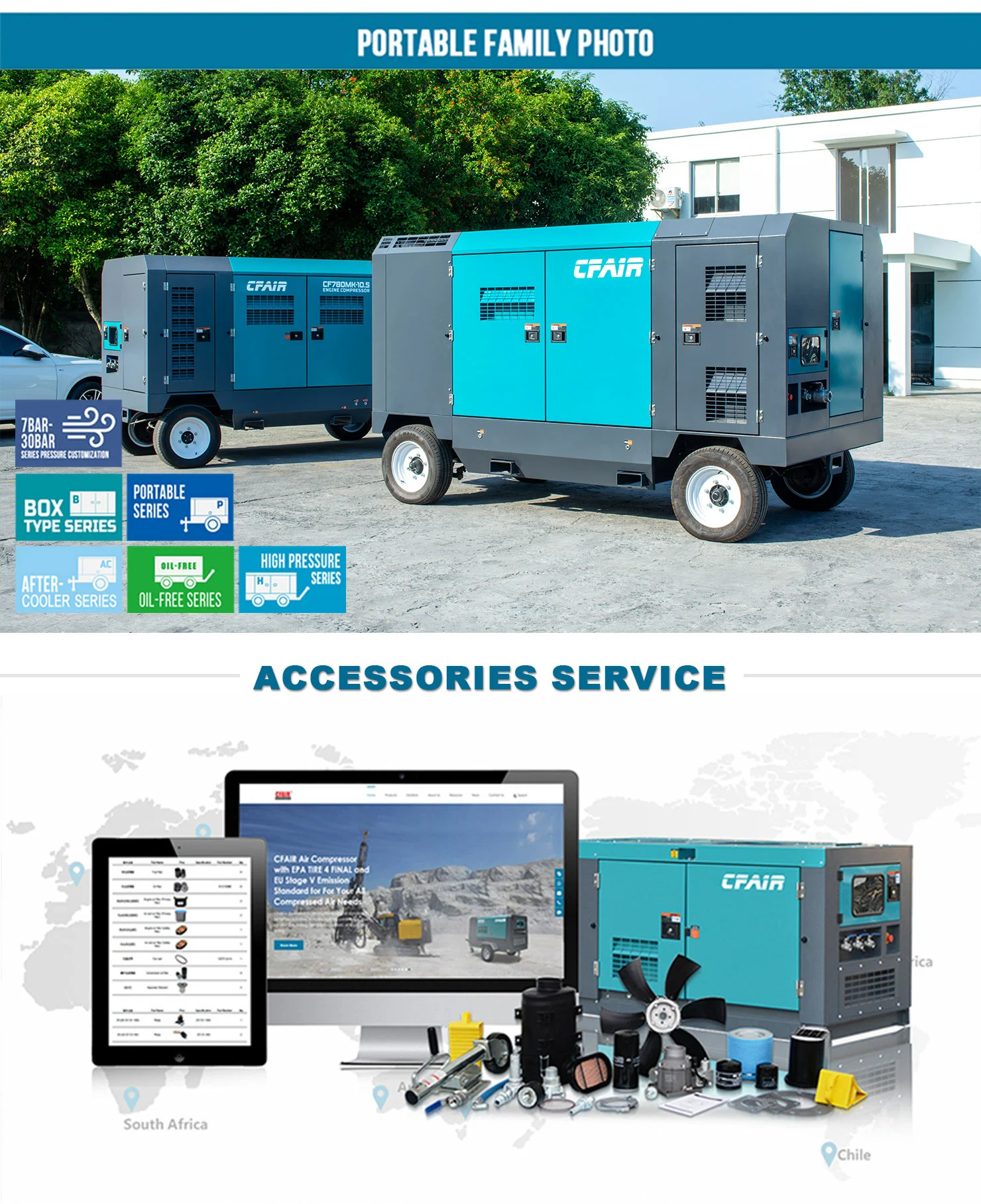 CF830MK-10.5 830 CFM 10.5 Bar Diesel Air Compressor With Trailer